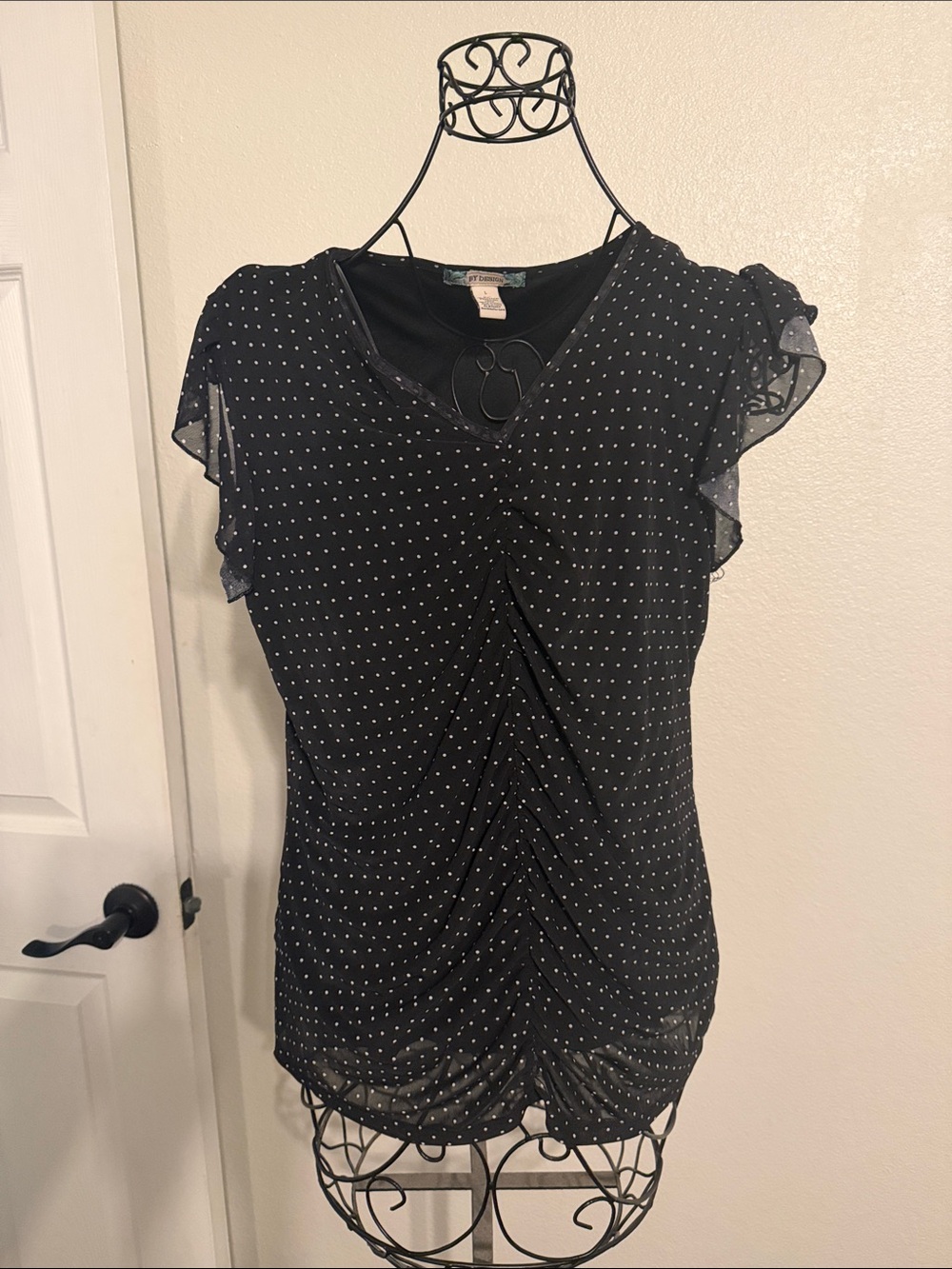 Women's Black Polka Dot Ruched V-Neck Blouse